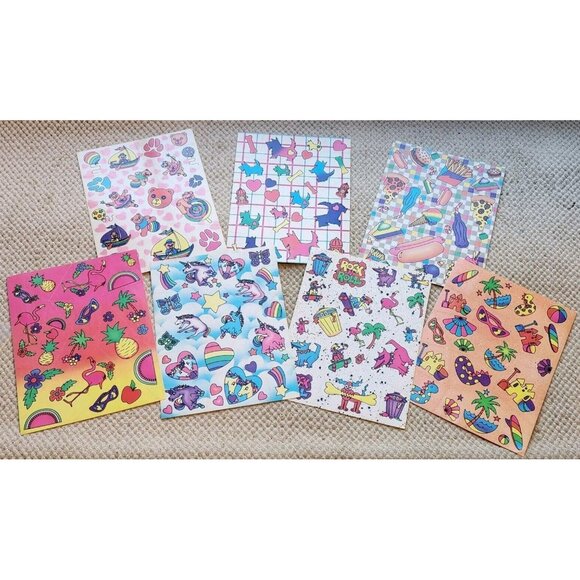 7 Vintage 1989 Lisa Frank Stickers Flamingo Bear Scottie Dog Beach Unicorn Food - Picture 1 of 6